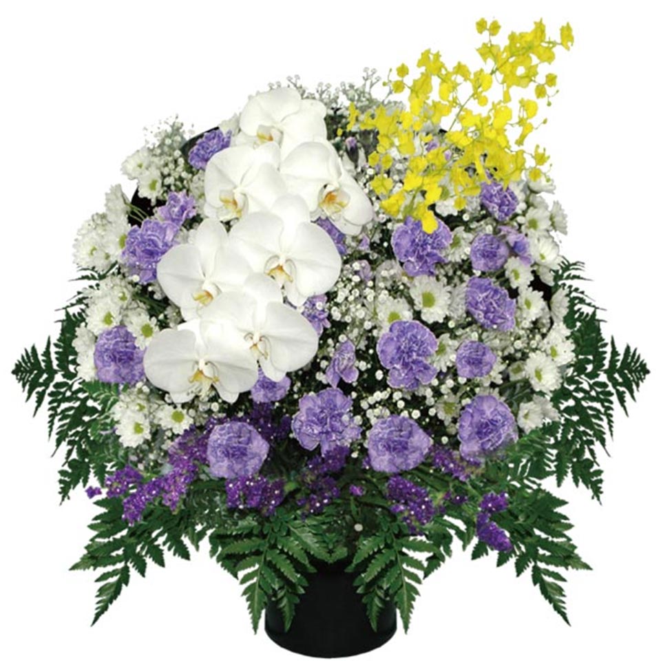 胡蝶蘭と紫と白の花で彩られた供花